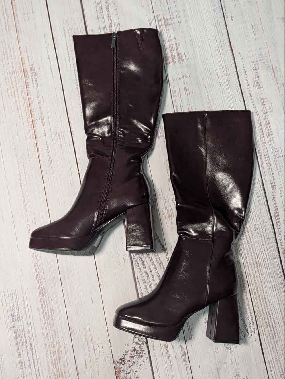 Burgundy Faux Leather Knee High Platform Boots Chunky 3.5" Block Heel Size 7